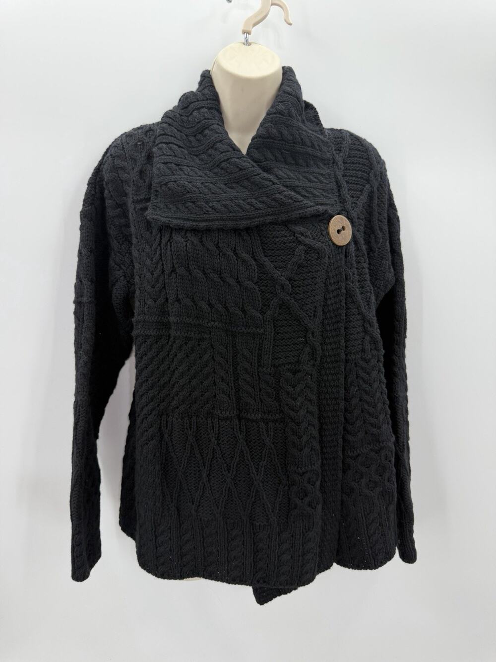 Carraigdonn Merino Wool Irish Black Sweater Women’s Large Cable knit